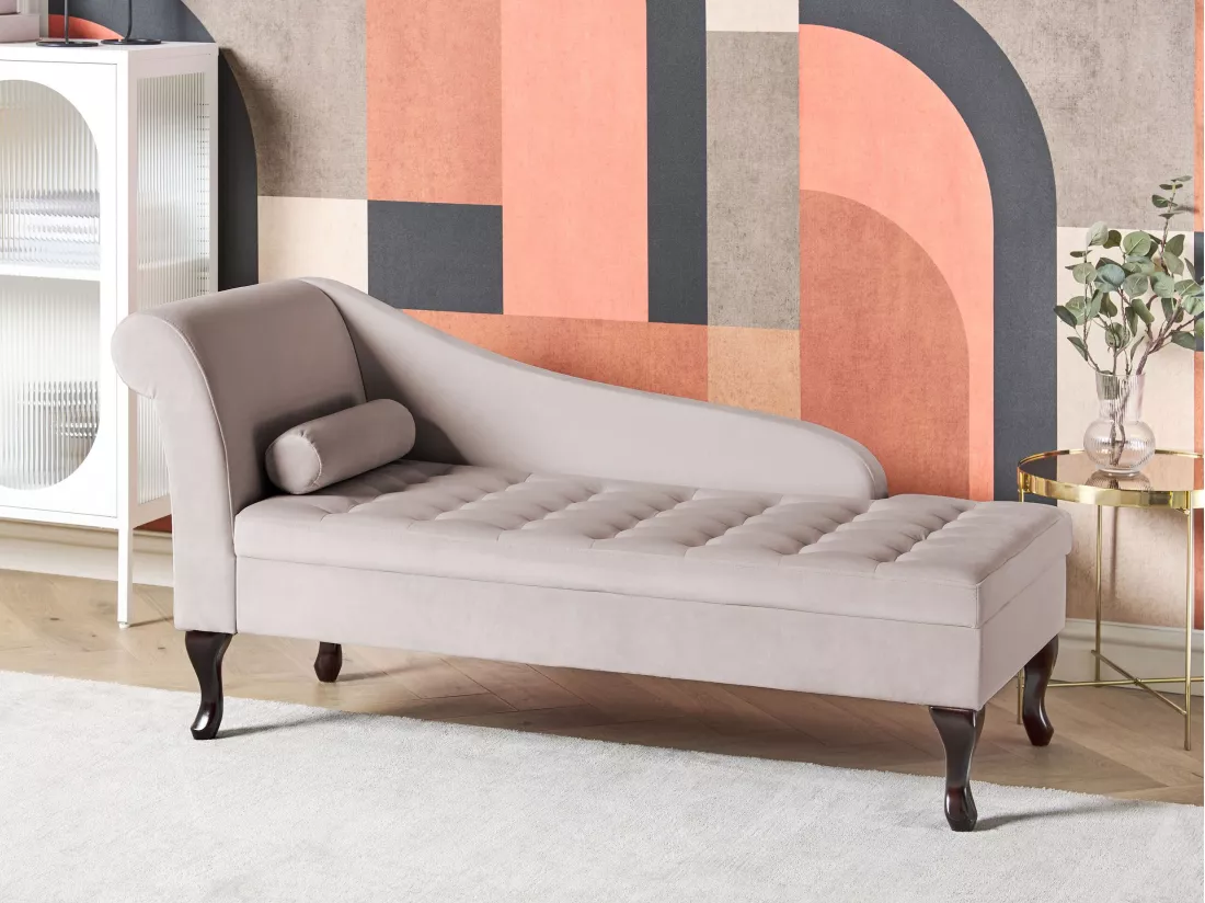 Chaise longue côté droite en velours beige clair avec rangement PESSAC
