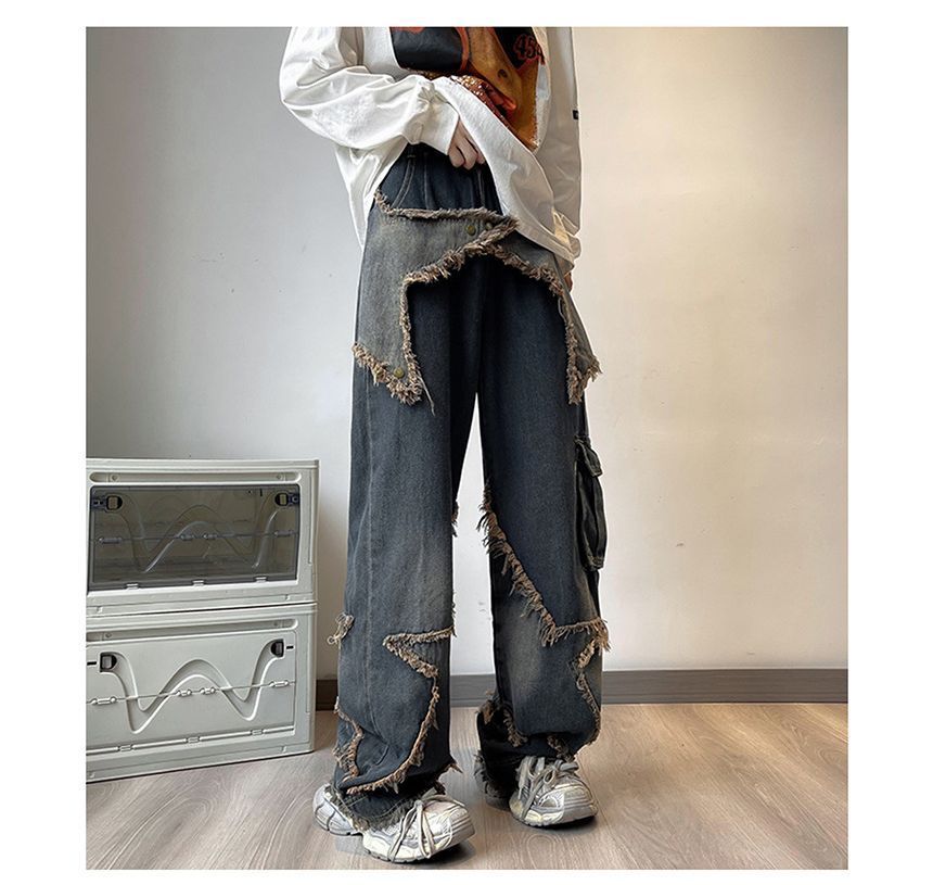 Savenne - Mid Rise Star Applique Washed Frayed Wide Leg Cargo Jeans