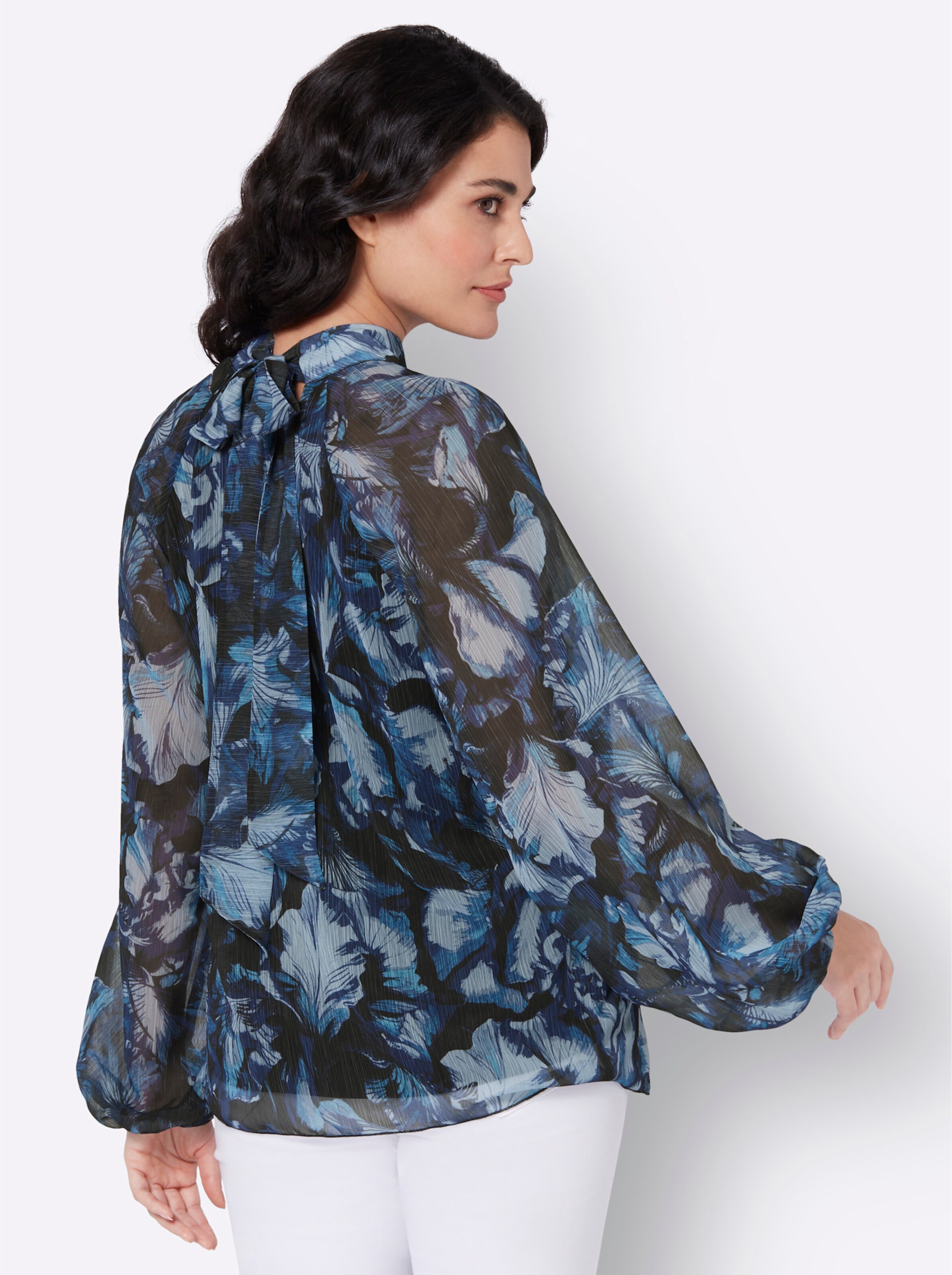 Druckbluse in schwarz-royalblau-bedruckt