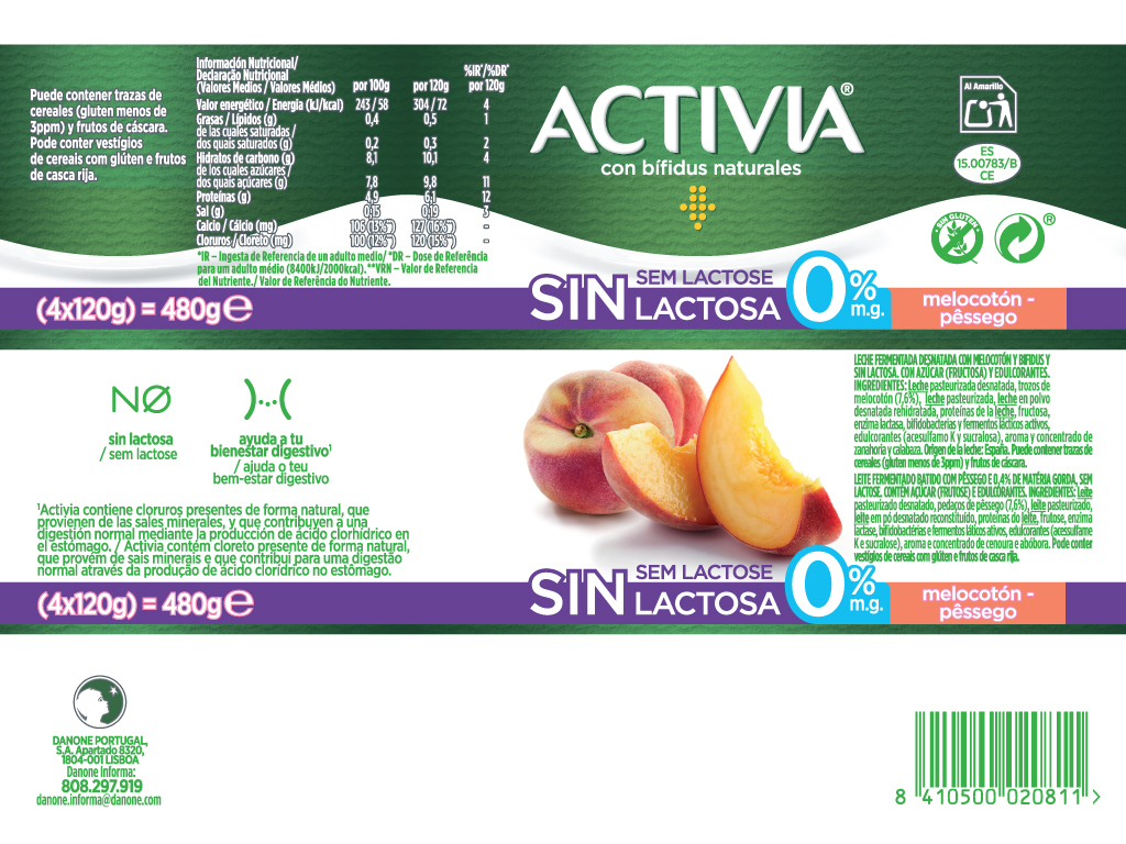 BIFIDUS DANONE ACTIVIA SEM LACTOSE PÊSSEGO 0% 4X120G