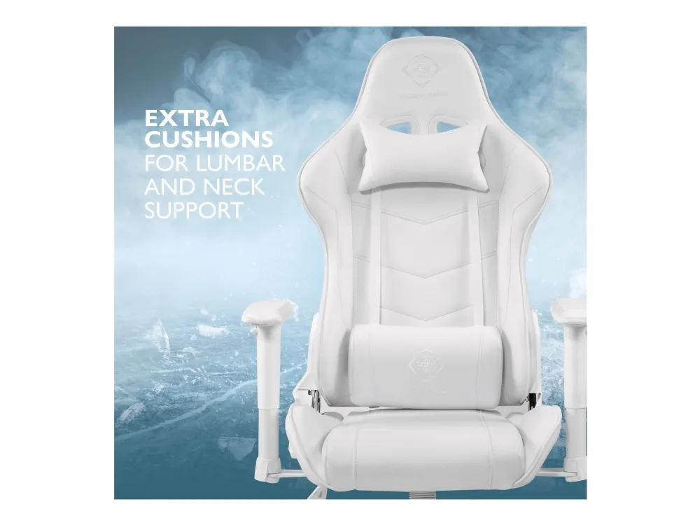DELTACO GAMING GAM-096 - Spillestol - ergonomisk - høj ryg - armstøtter - T-formet - vippe - drejeled - aluminiumsramme, PU-behandlet læder - hvid