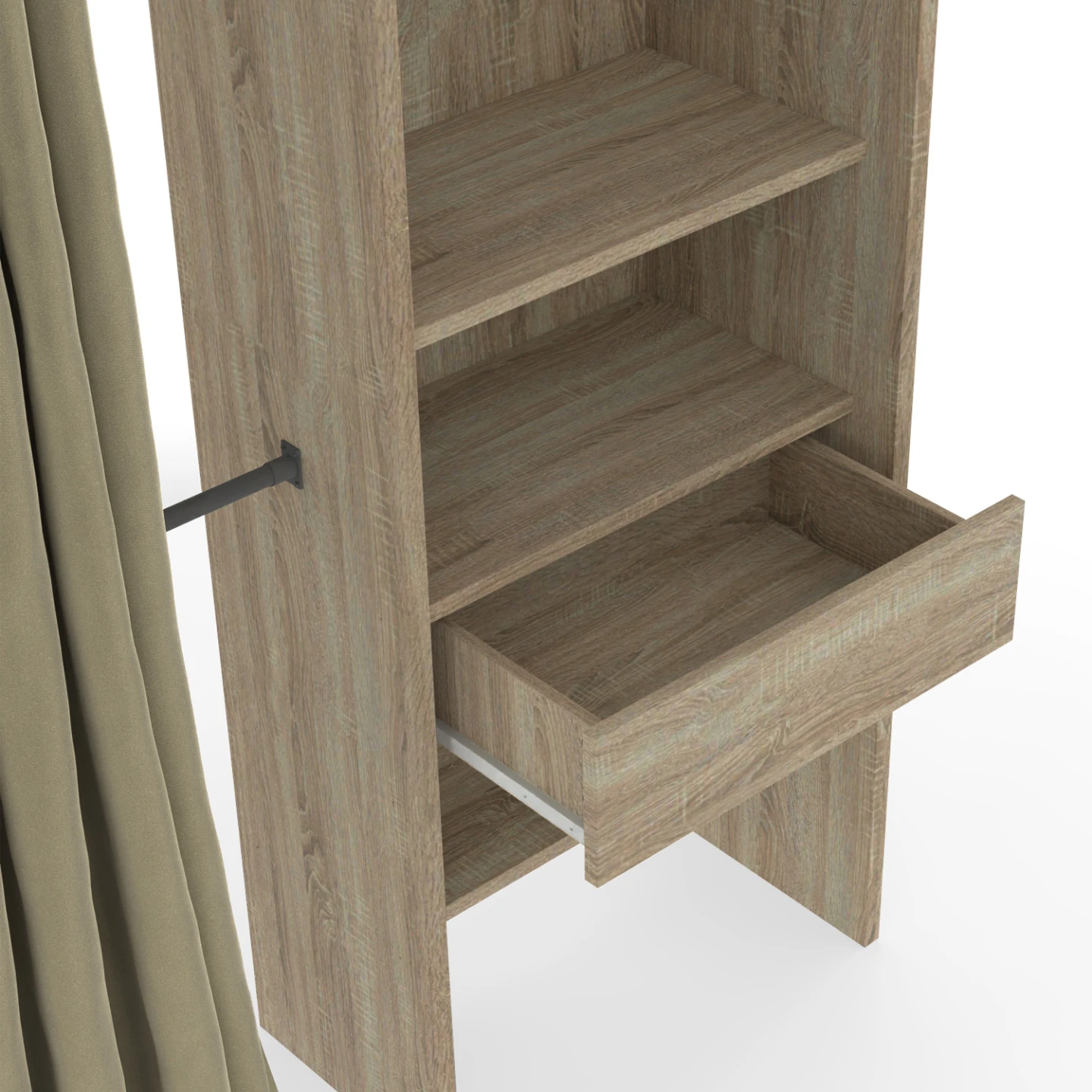 Dressing extensible MARTY 120/170 x 50 x 180 cm hêtre avec étagères + double penderie + rideau taupe
