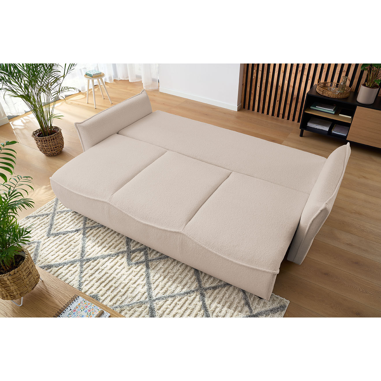 Bobochic Canapé 3 places convertible coffre Bouclette Leon beige - 226x97x90 cm