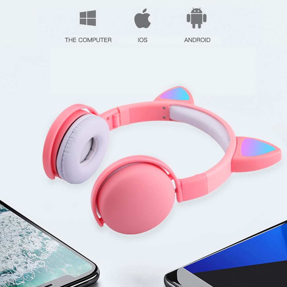 Faltbare Kinder Stereo Bluetooth 5.0 On-Ear Kopfhörer Headset mit Aux-In   leuchtende LED Katzenohren - Gelb