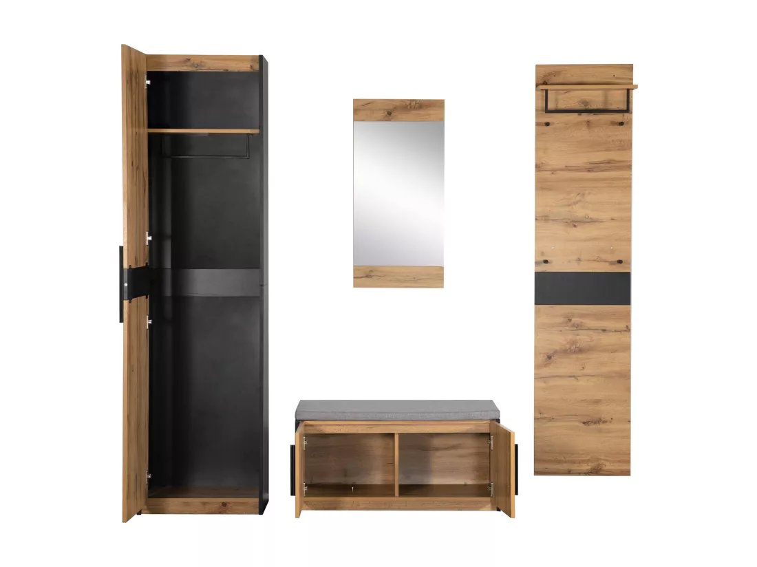 Ensemble meuble d'entrée - Vestiaire - banc à chaussures + miroir + porte-manteau + armoir - Chêne