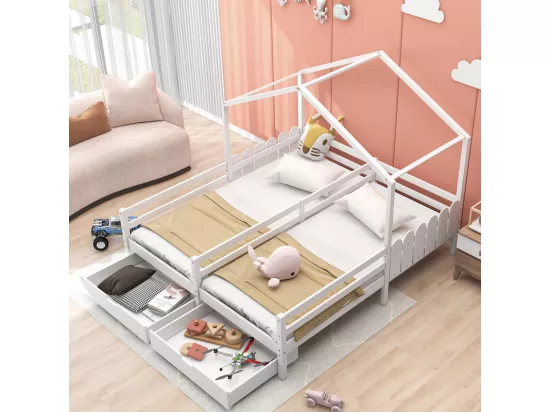 Lit cabane pin massif 2x90x200 cm - avec 2 tiroirs - Blanc