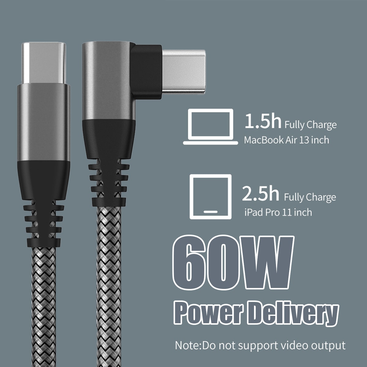 USB C-lader med vinklet kontakt 60W PD hurtiglading Sort 2 m