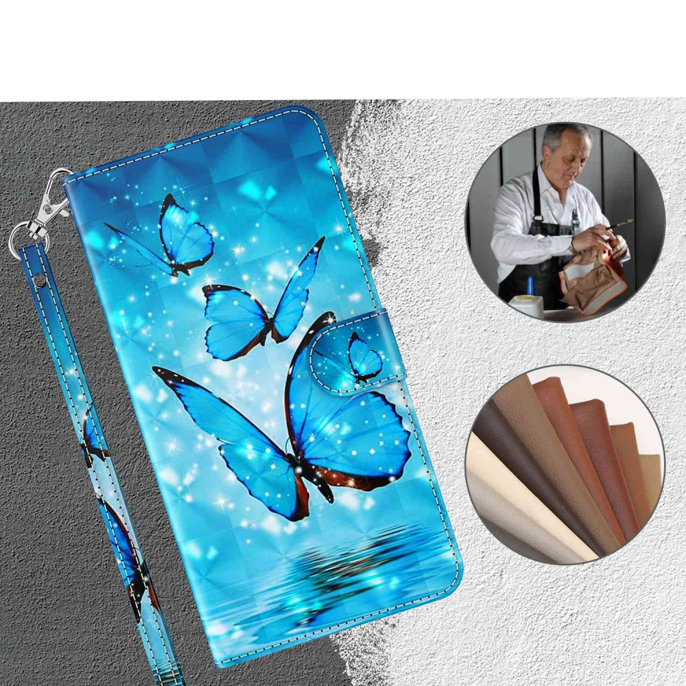 iPhone 14 Pro Leder Tasche mit Kartenfach   Handschlaufe - Schmetterling (Blau)