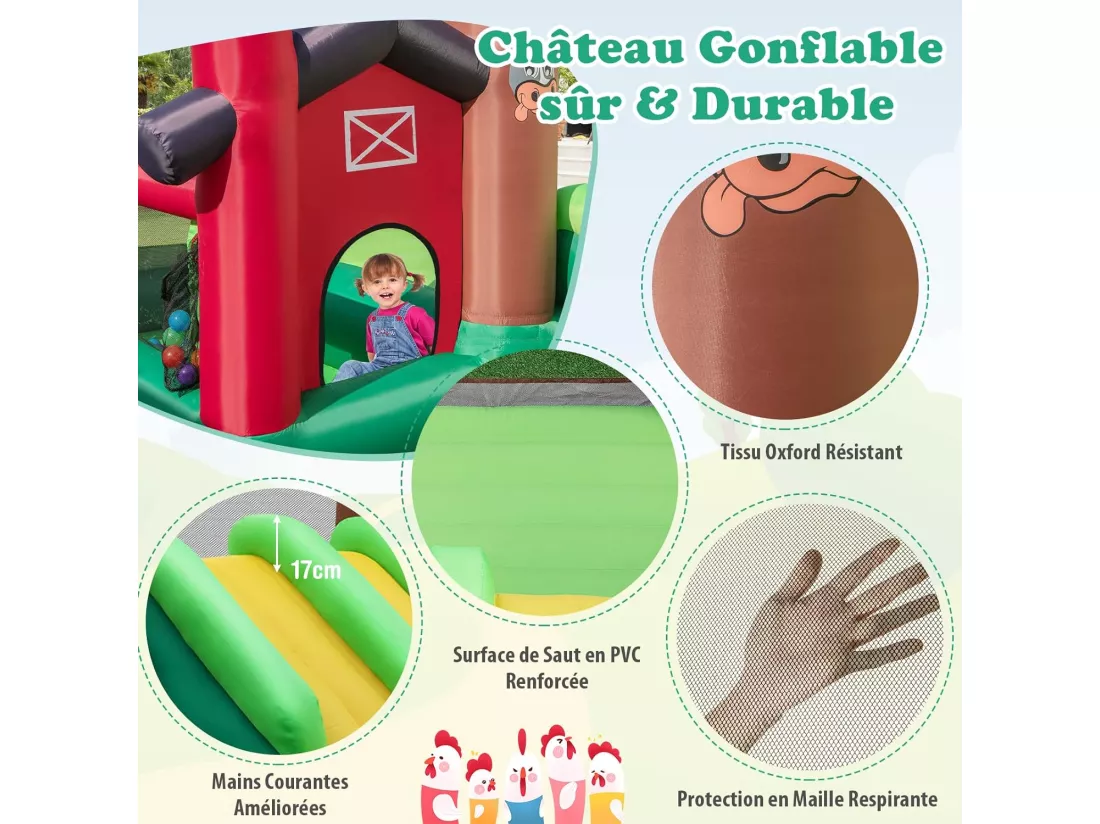 Château Gonflable 6-en-1 avec Toboggans Doubles, Maison Gonflable Intérieur Extérieur avec Trampoline, Sac de Transport, Panier de Basket, Thème Ferme, 356x330x220CM, 3-10 Ans (Avec souffleur)
