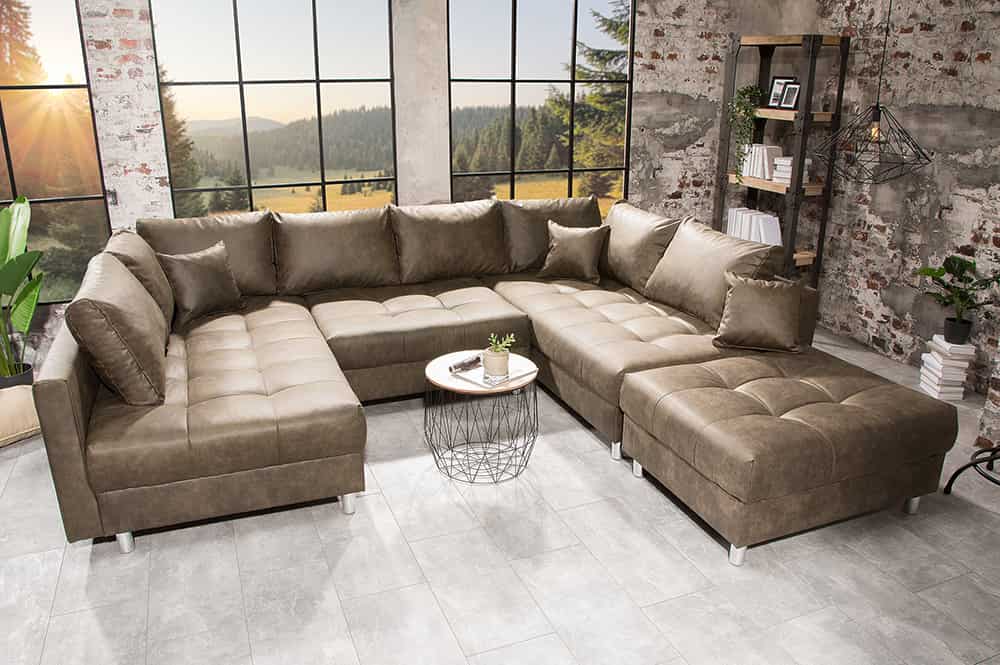 Moderne XXL Wohnlandschaft KENT 305cm taupe Federkern Bigsofa inkl. Hocker