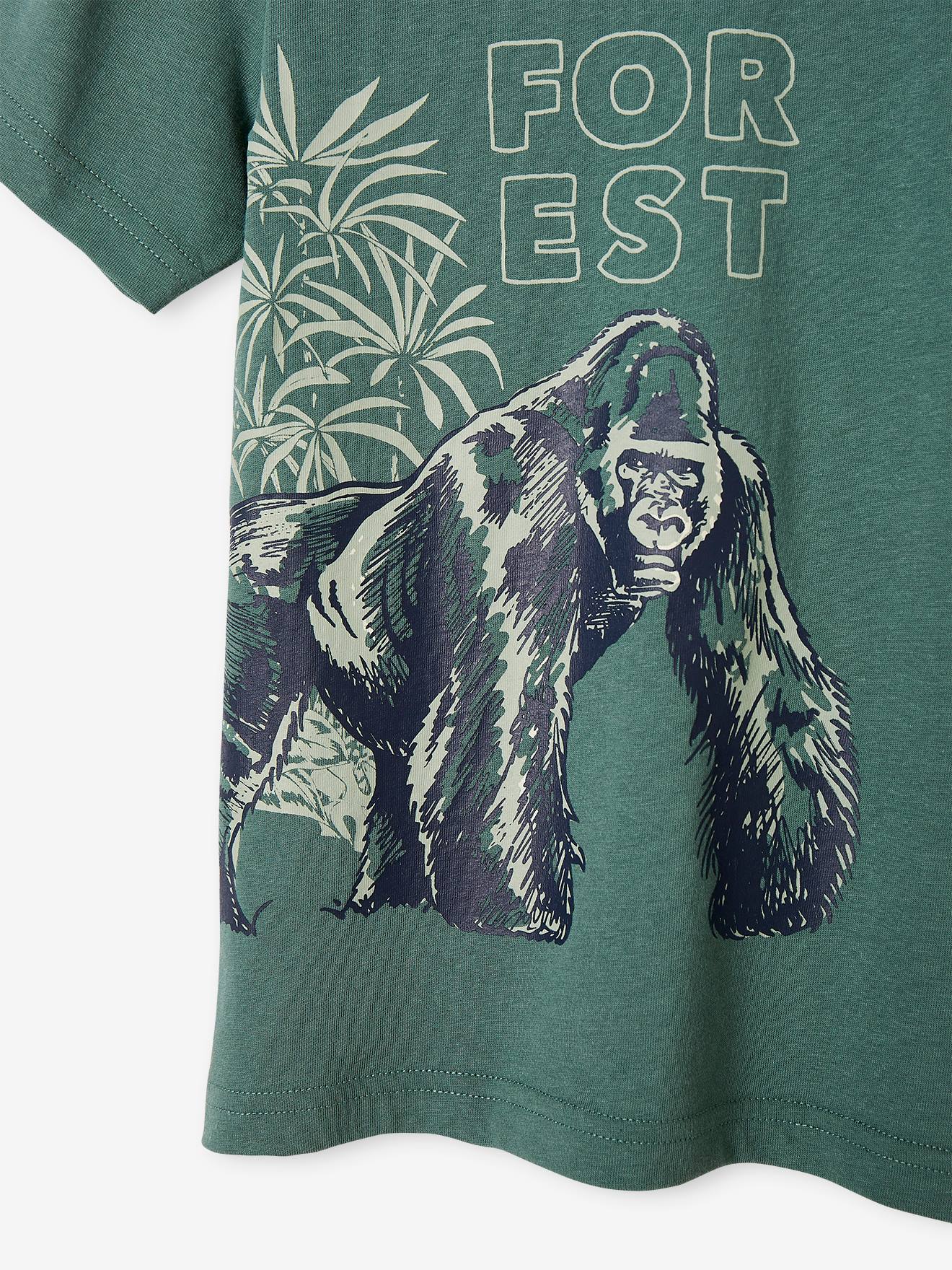 Camiseta infantil masculina em algodão orgânico com estampa de animais, verde salgueiro.