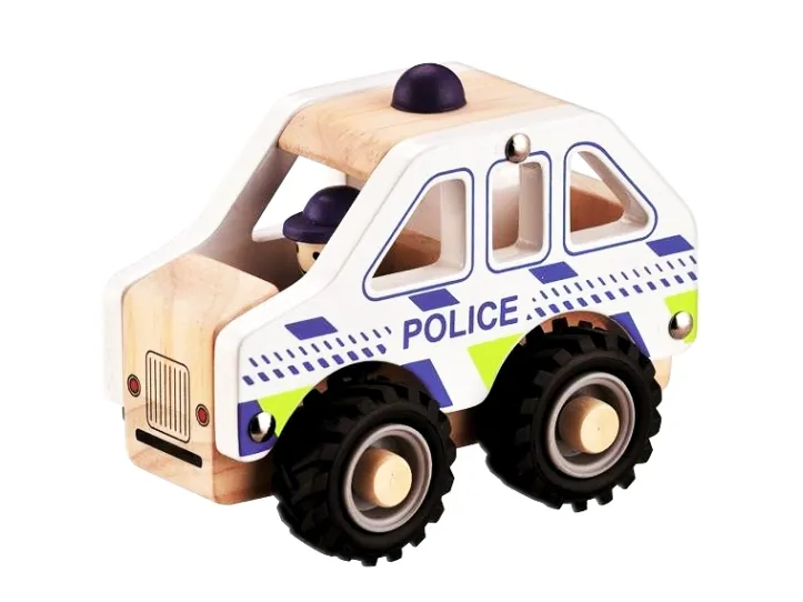 Politibil i træ m. gummihjul/ Wooden police car w. rubber wheels
