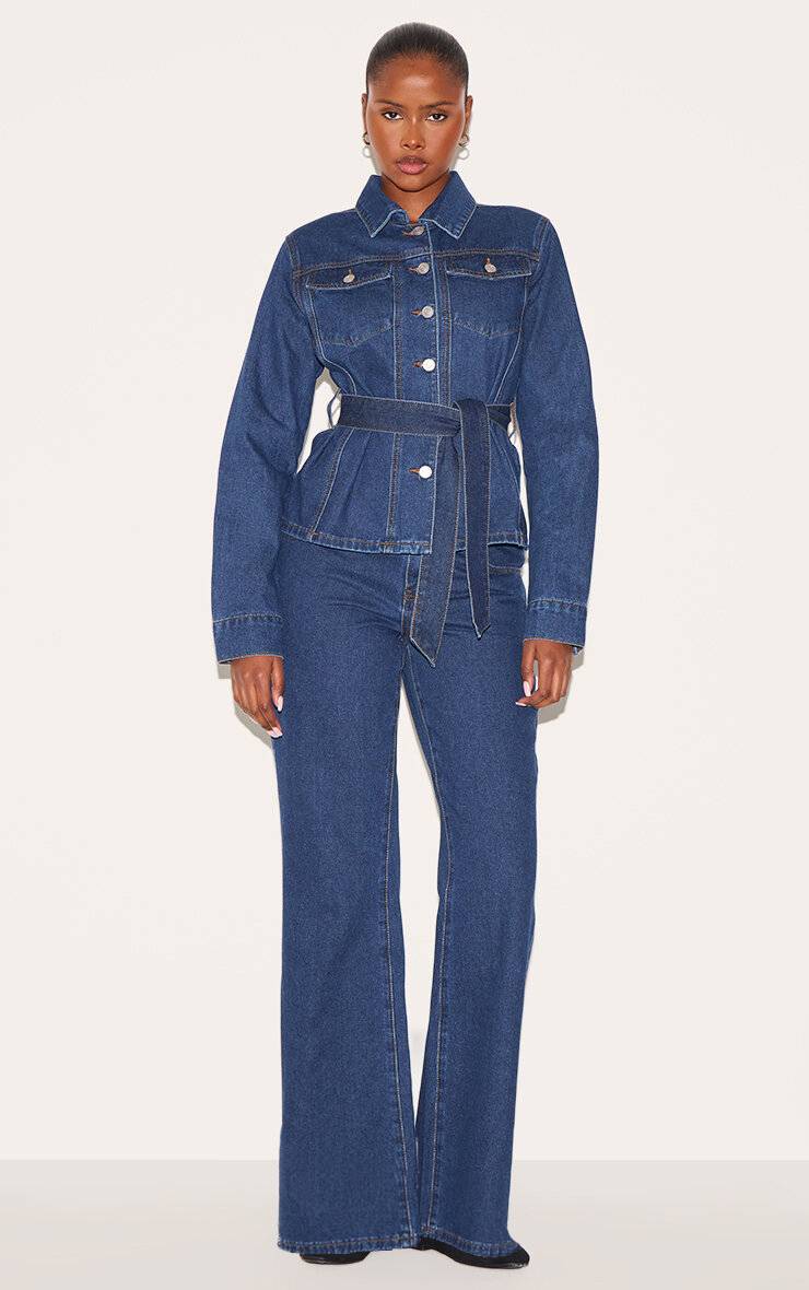 Bleu Foncé Jean Évasé Taille Mi-haute À Coutures Contrastées