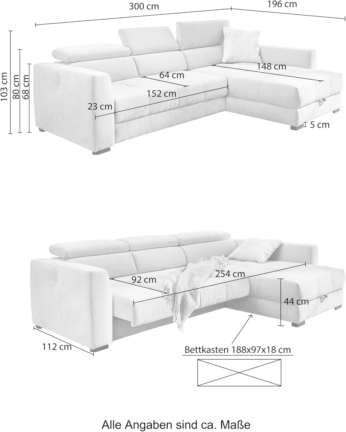 Ecksofa B300/T196/H103 cm mit elektrischer Sitztiefenverstellung, Kopflehnen höhenverstellbar, ausfahrbare Couch, USB Ladefunktion, Bettkasten, spiegelverkehrt montierbar, Chenille Dunkelgrau / 15409