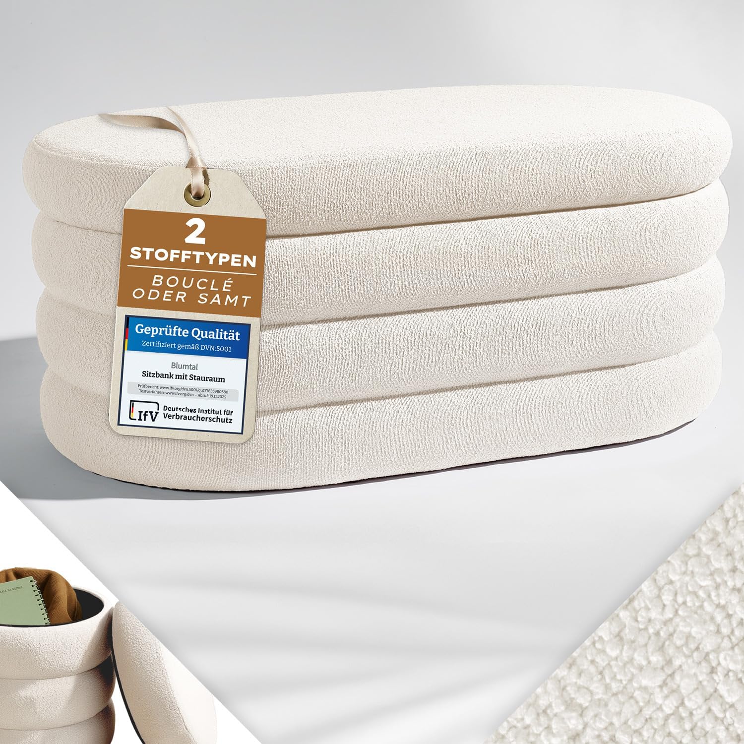 Blumtal Sitzbank mit Stauraum XL oval, Bouclé-Bezug - robuste Truhenbank mit Stauraum & Bouclé-Stoff-Bezug 110 x 45 x 42.5 cm - Truhe mit Stauraum - Schuhbank mit Sitzfläche - Pouf Hocker Creme