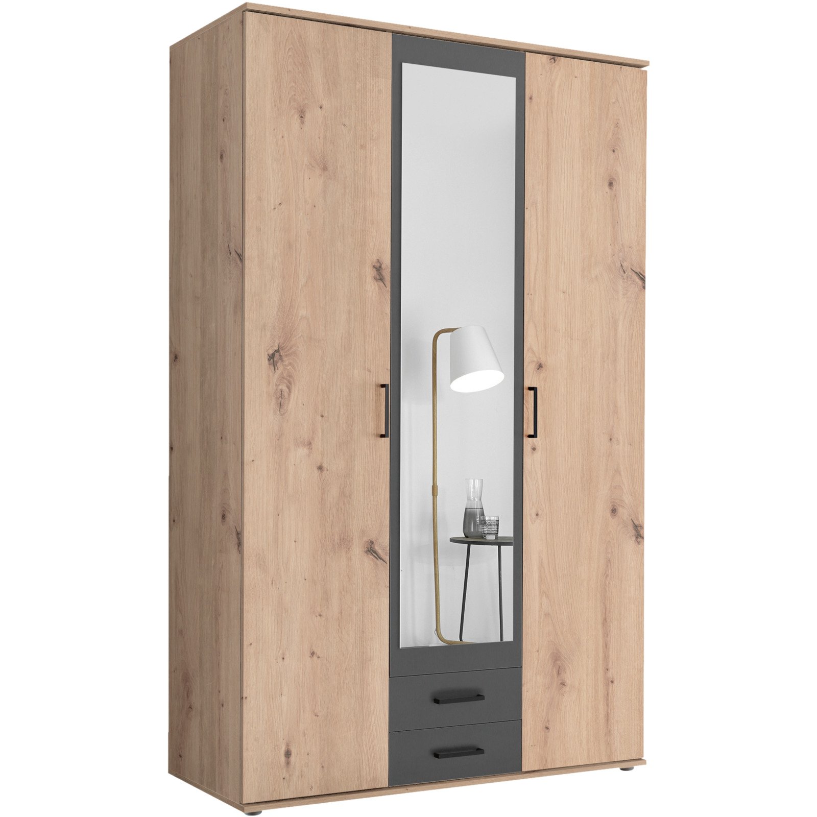Drehtürenschrank Chicago Melamin Dekor Artisan/Anthrazit 120 x 97 x 54 cm, mit Spiegel