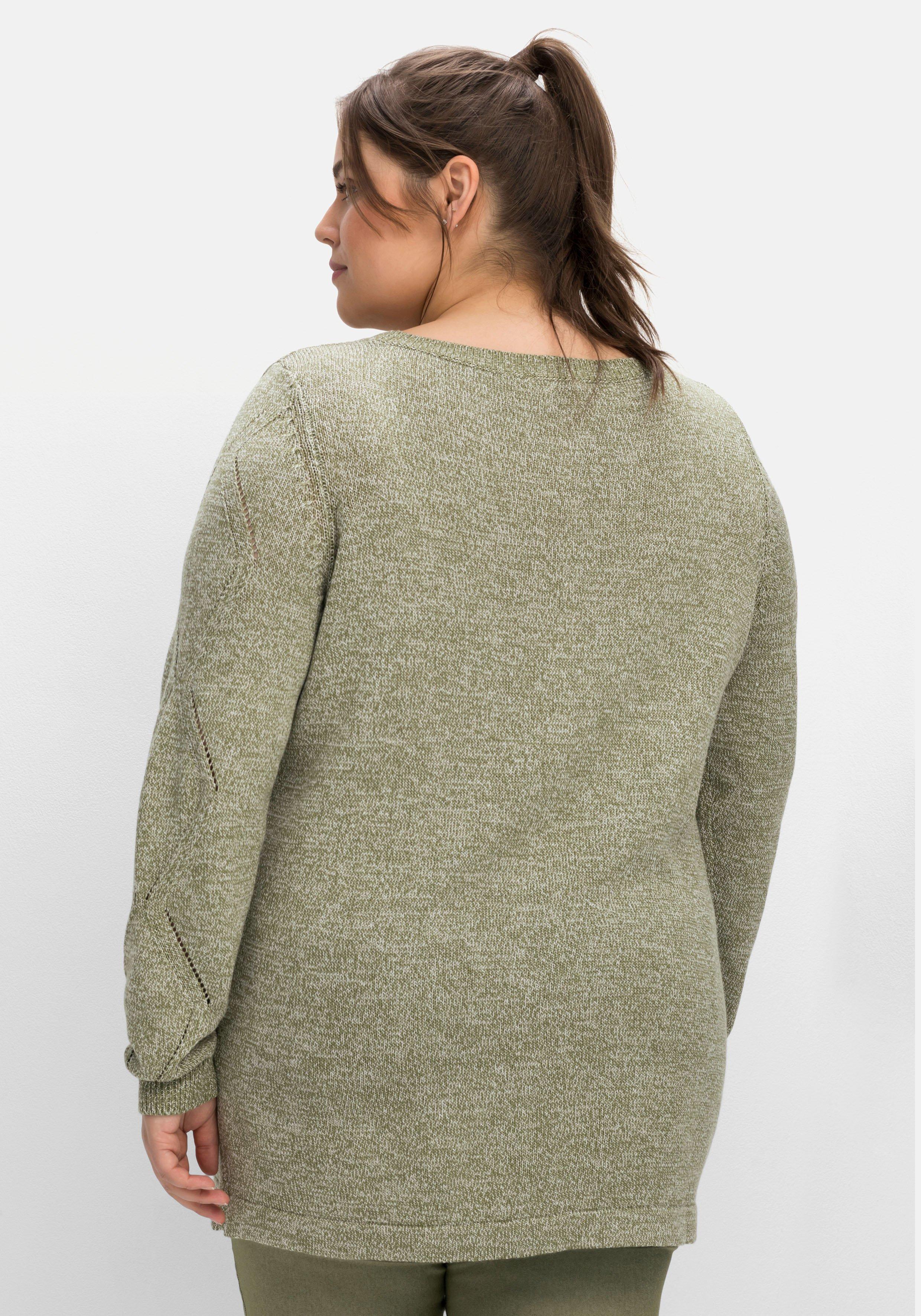 Melierter Pullover mit Ajourmuster am Ärmel