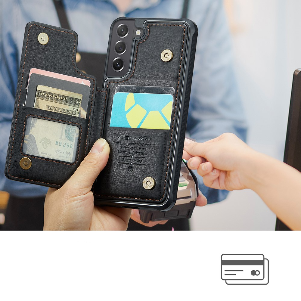 Samsung Galaxy S21 FE 5G Leder Hülle mit Kartenfächern im Litchi Look   Kickstand (RFID Schutz) - Schwarz