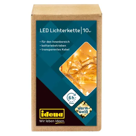 Idena 10er LED Lichterkette, warmweiß, für innen, batterieb., Timer