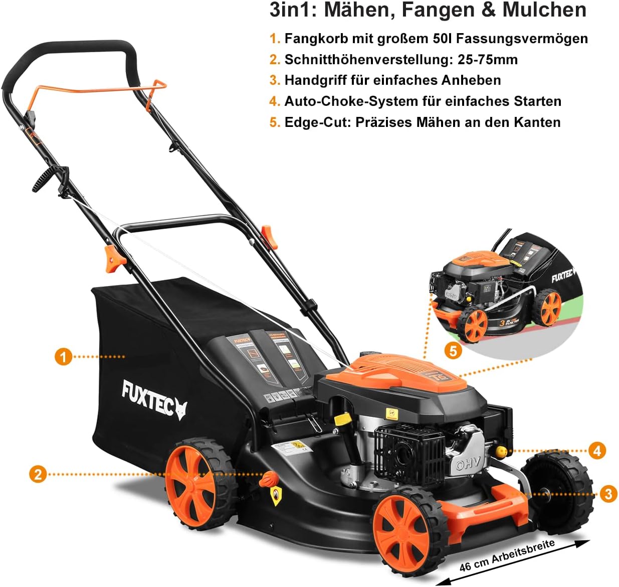 FUXTEC 3in1 Benzin Rasenmäher FX-RM4646ECO mit Frontbumper, leichtgewichtiger Gartenmäher mit Edge-Cut, 46 cm Schnittbreite, starker 4-Takt-Motor, Heckauswurf, Big Wheel Räder, 50L Grasfangkorb