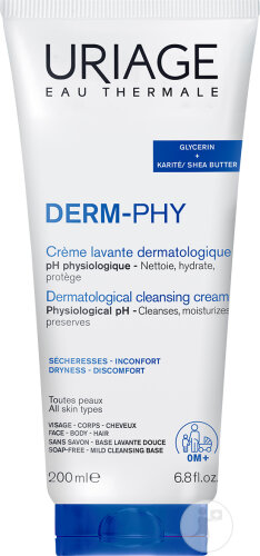 Uriage Derm-Phy Crème Lavante Dermatologique Toutes Peaux Visage/ Corps/ Cheveux Tube 200ml