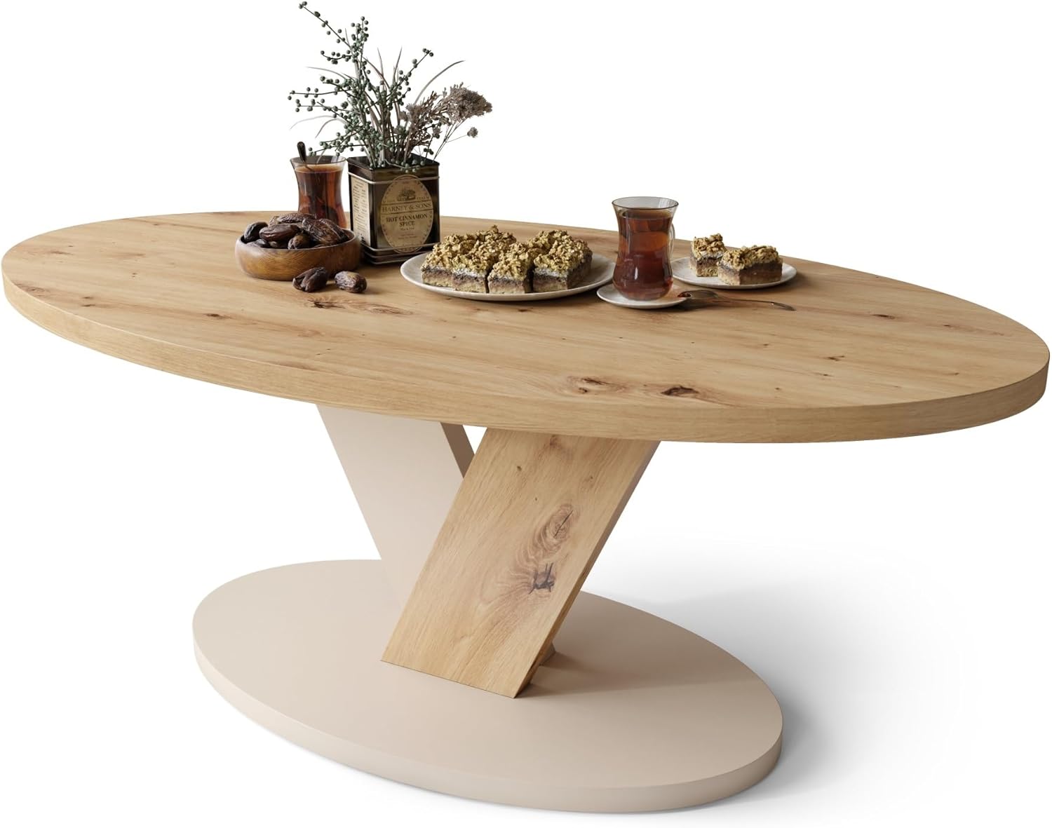 designimpex Design Couchtisch Lova Eiche Artisan/Beige matt 110x45x60 cm oval Couch Table Ablage Stubentisch Living Room Table Moderne Tische ovaler Wohnzimmertisch Sofa Wohnzimmer Küchentisch