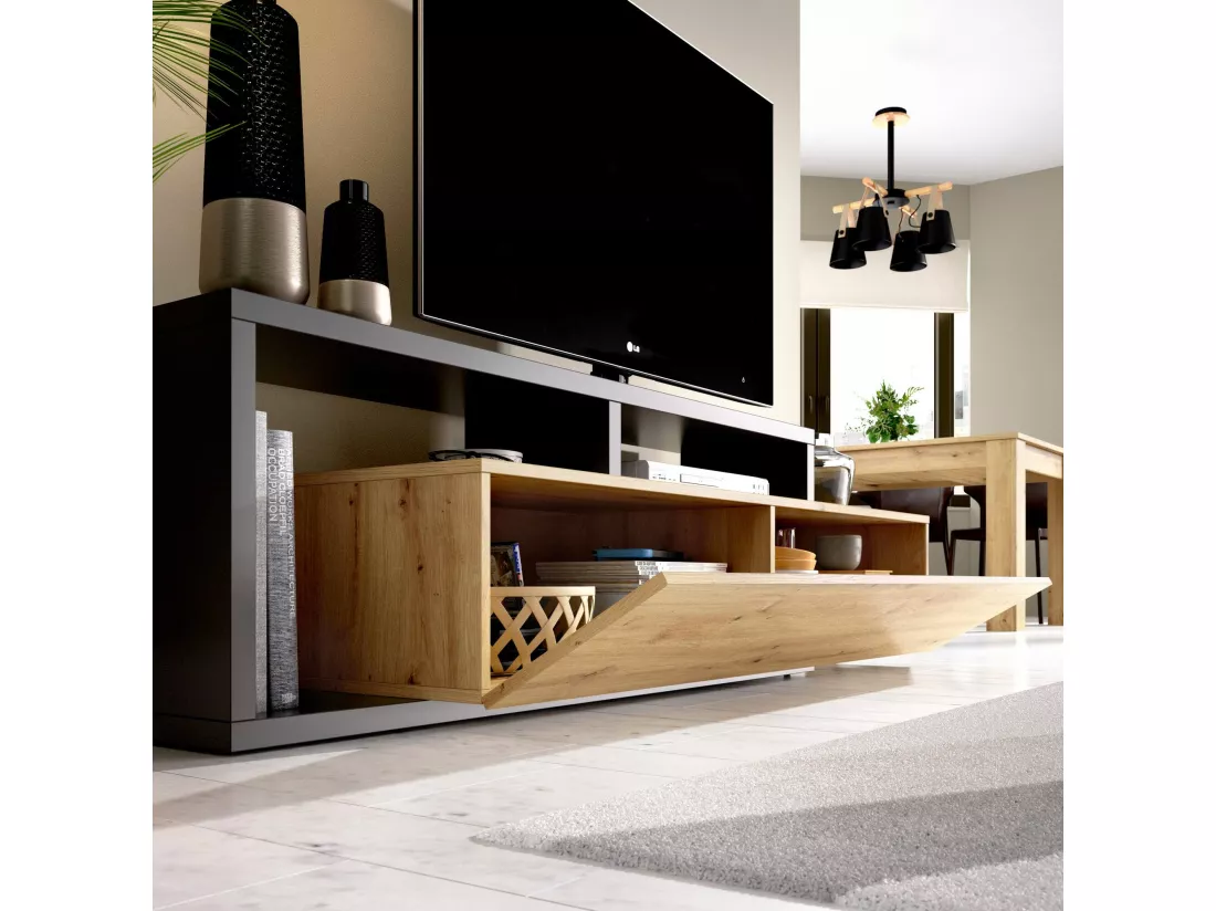 Meuble TV Dgodign, Buffet bas de salon, Buffet de salon pour télévision, 165x40h47 cm, Chêne Nodi et Anthracite