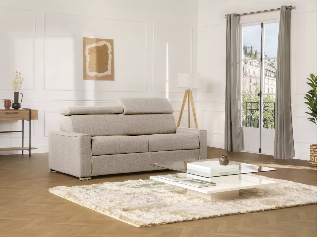 Canapé 2 places convertible express en tissu beige - couchage 120 cm - Matelas 14 cm VIZIR