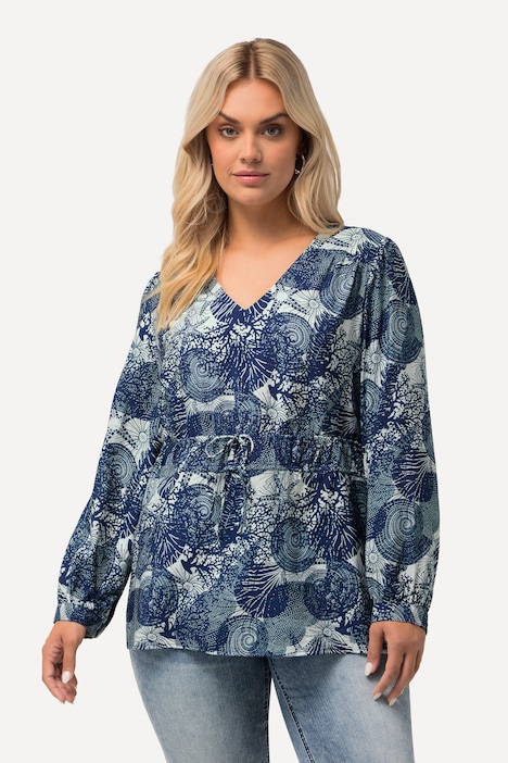 Bluse, maritimer Druck, V-Ausschnitt, Halbarm