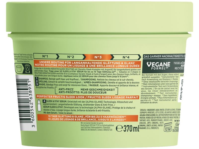 Garnier Haarmaske Keratin Sleek 370 g Maske bändigt Frizz bei trockenem, zu Frizz neigendem Haar und verleiht ihm intensiven Glanz