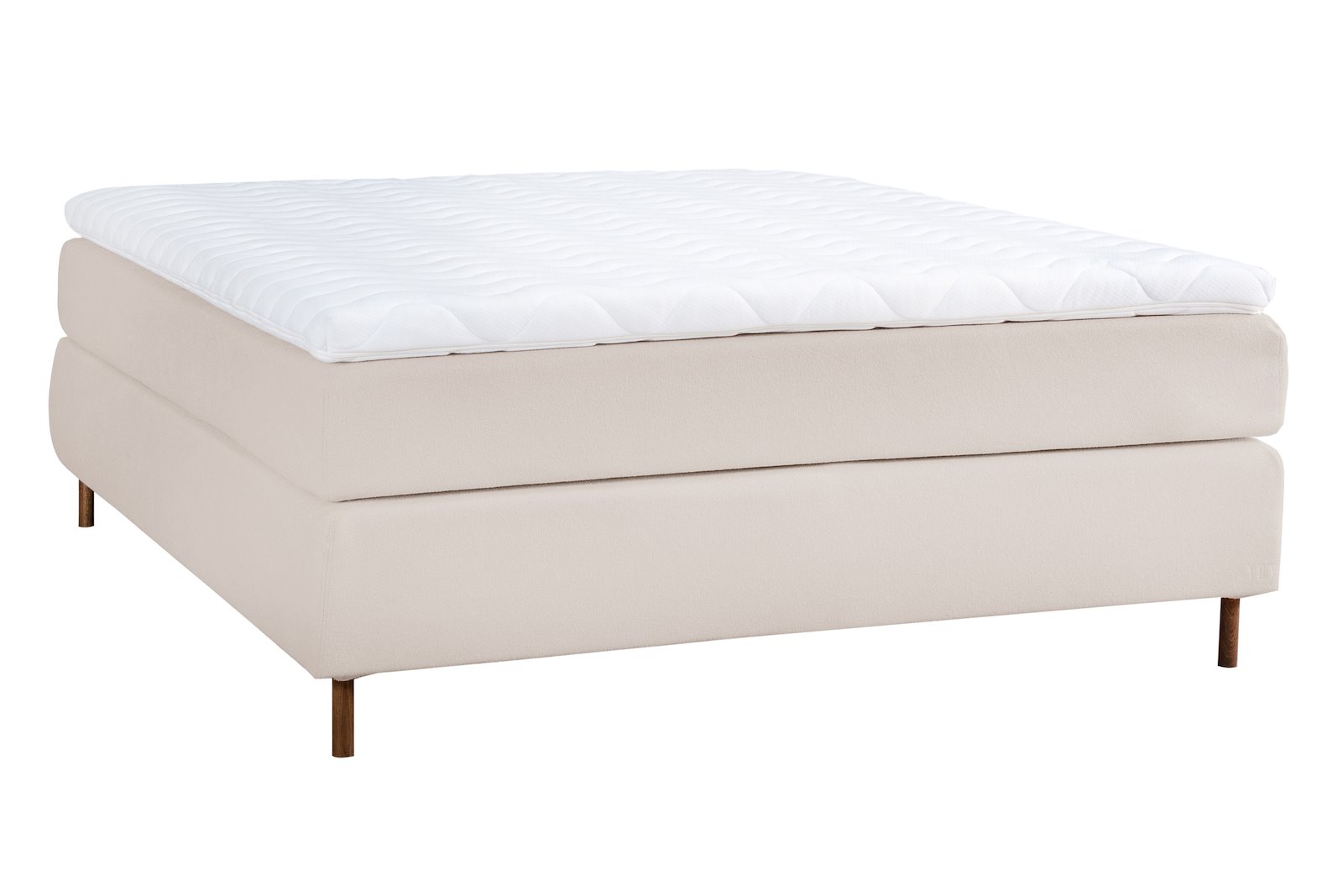 Premium 12 kontinentalseng Tekstil Bris 05 beige, medium/fast, XOV Premium 12 memoryfoam overmadrass og runde ben i røkfarget eik 15 cm