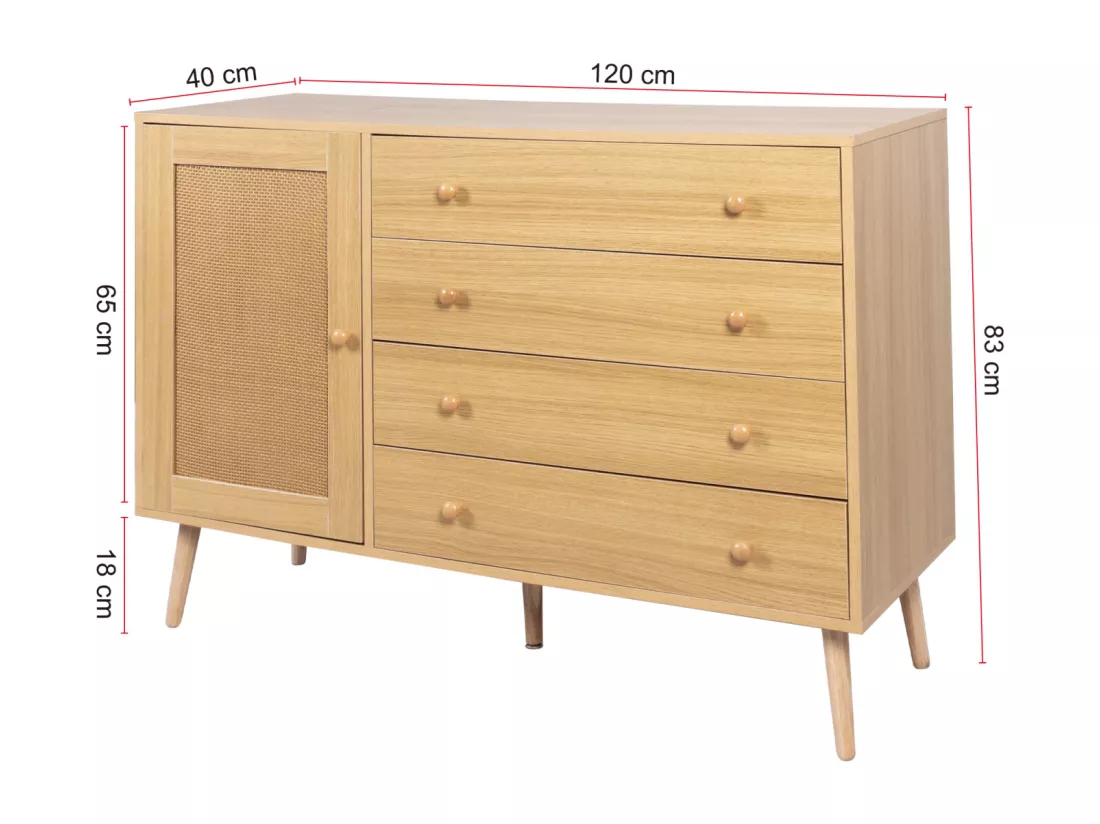 Buffet 120x40x836cm - Armoire avec 4 tiroirs et 1 porte en rotin - en bois MDF+PB - coloris bois