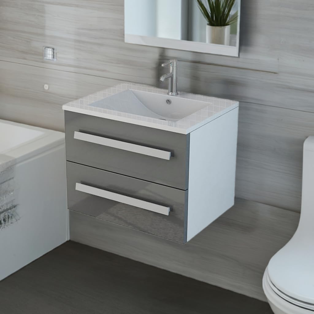 Jet-Line® | Badset Arosa II | Keramik Waschbecken | Waschtisch | Badmöbel | Soft Close | Hochglanz | Farbe grau | Badezimmer | Bad erhältlich | 59 cm breit