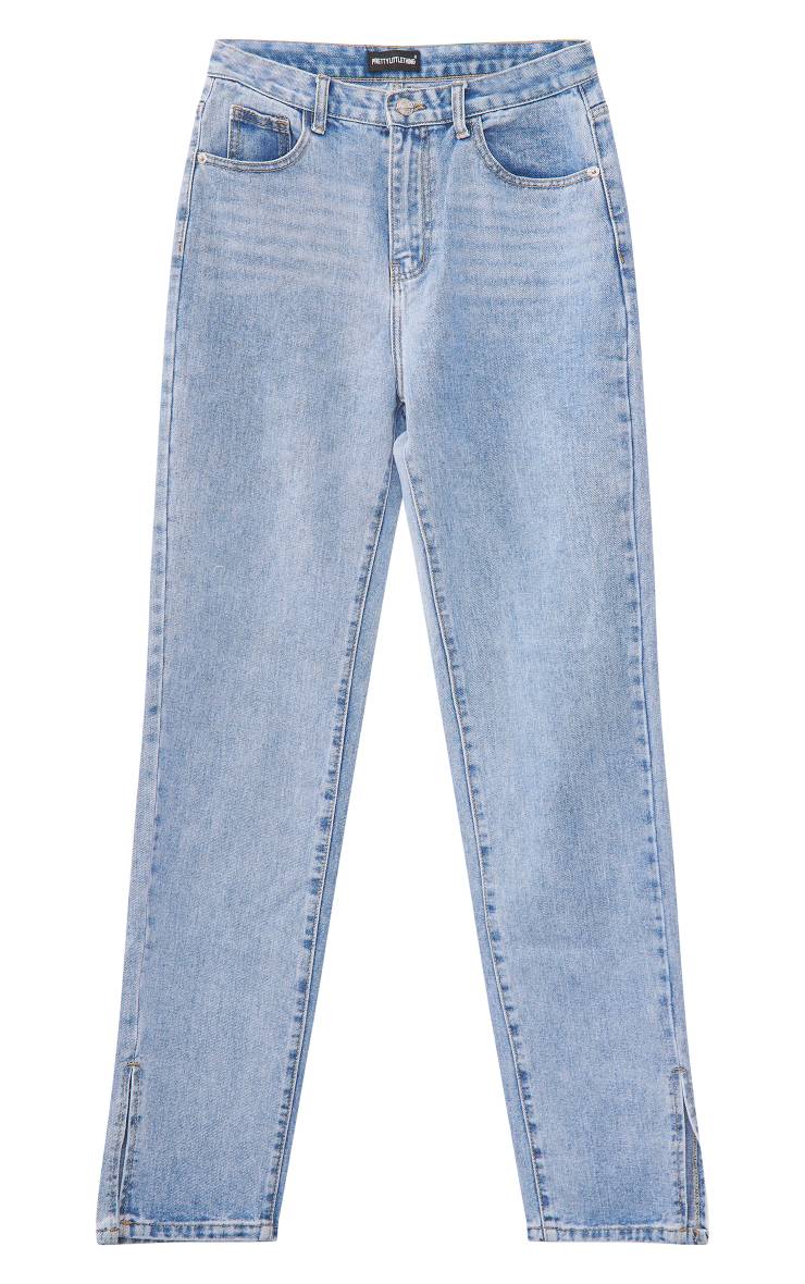 Light Blue Wash Jean Jambes Longues À Ourlet Fendu