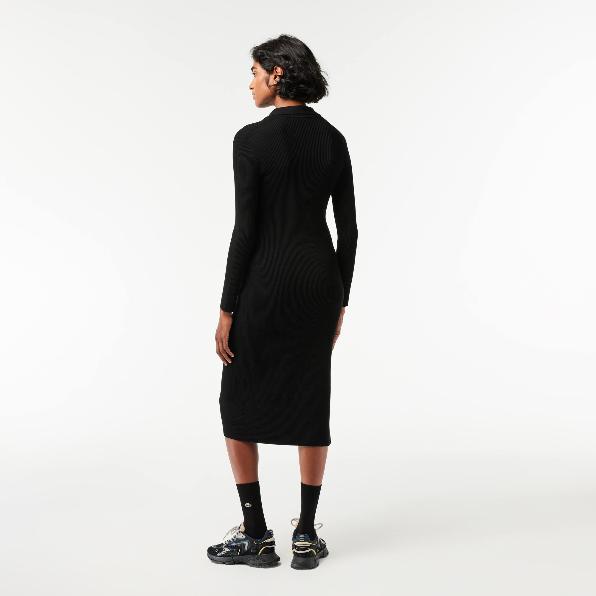 Geripptes langes Polokleid aus nahtloser Strickware Kleider & Röcke - Schwarz - Lacoste - Damen