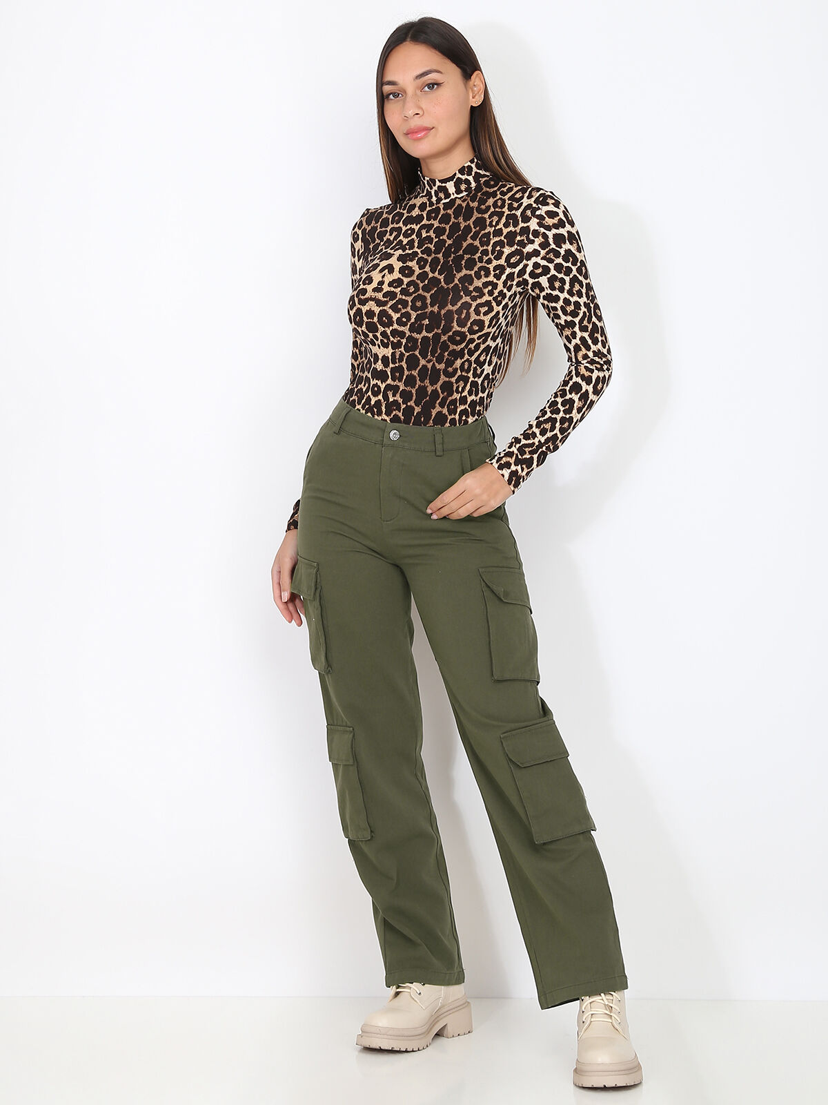 Pantalon cargo taille haute- Kaki