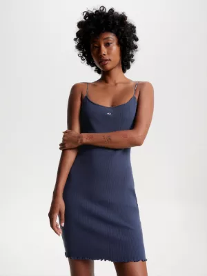 Vestido curto canelado com detalhes em ponto ajour