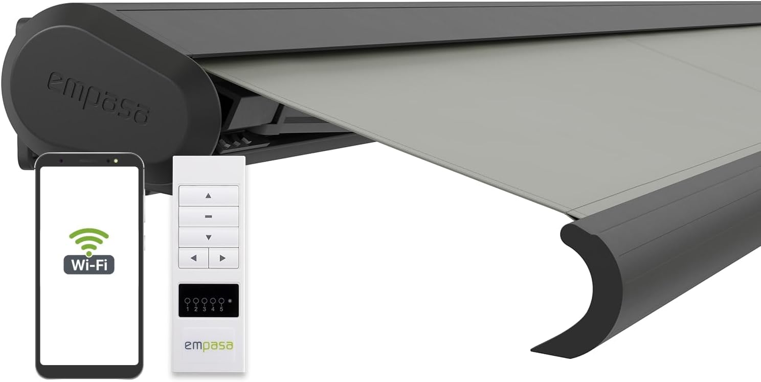 empasa elektrische Vollkassettenmarkise Profi Plus mit WiFi-Motor Smart Home kompatibel Terrassenüberdachung Markise Kassettenmarkise, hellgrau, Verschiedene Größen