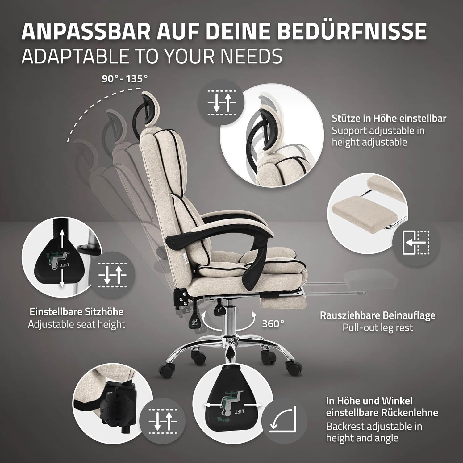 ML-Design Bürostuhl ergonomisch, Beige, Schreibtischstuhl höhenverstellbar mit hoher Rückenlehne, Drehstuhl mit Fußstütze, Kissen und Kopfstütze, Chefsessel Wippfunktion, Computerstuhl, Gaming Stuhl