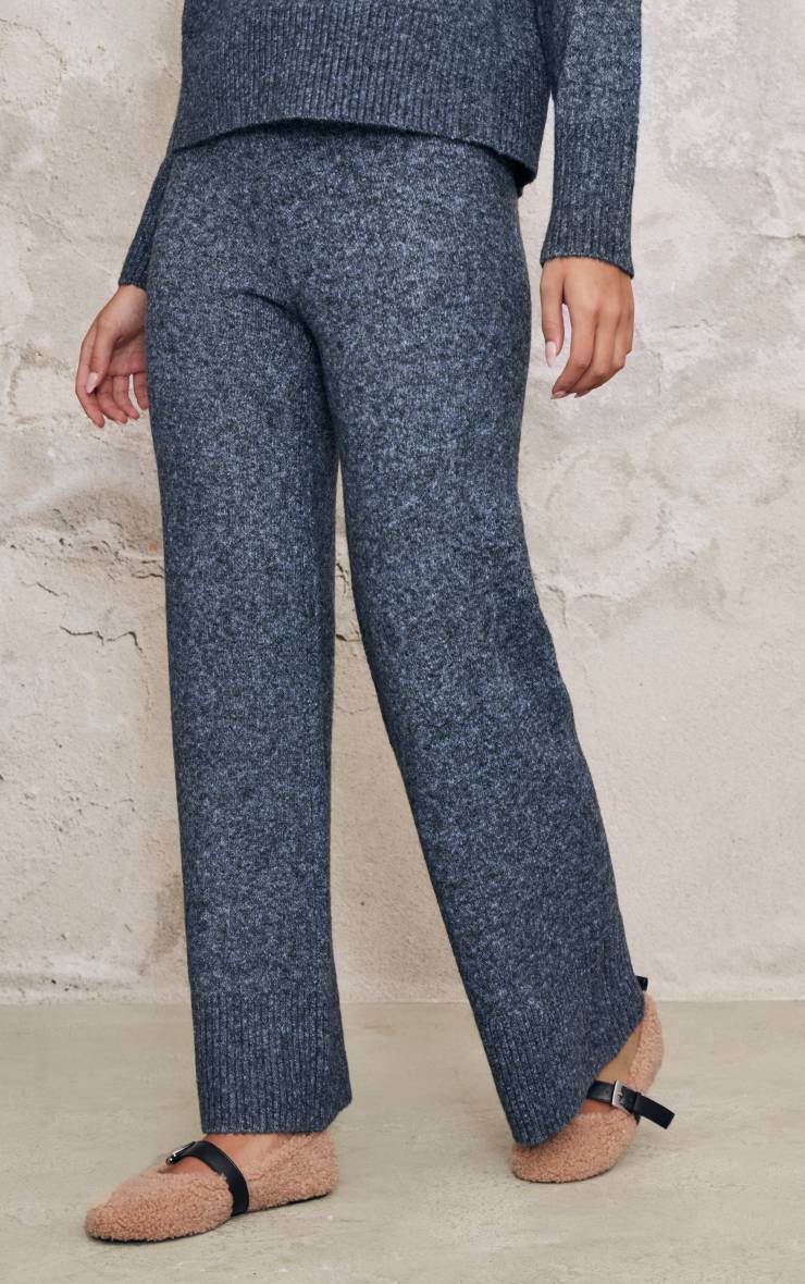 Charcoal Blue Pantalon Large En Maille Luxe