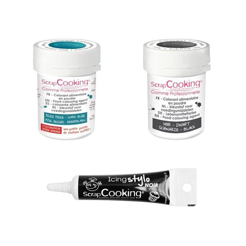 2 colorants alimentaires noir-bleu foncé + Stylo glaçage noir Scrapcoo