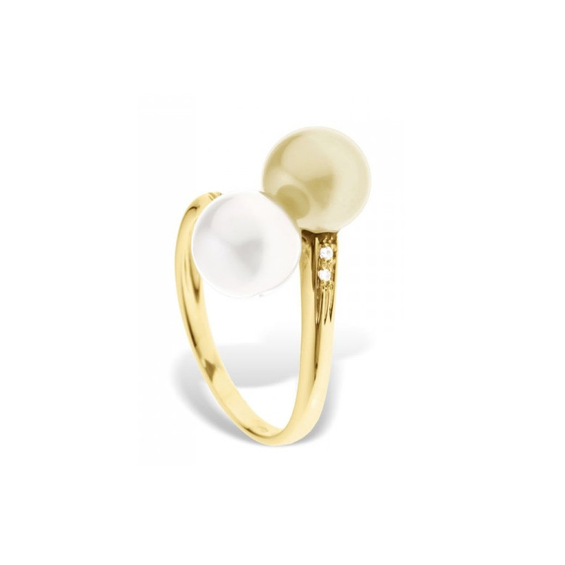 Bague Perle de Culture d'eau douce Blanche et Dorée, Diamants et Or jaune 375/1000