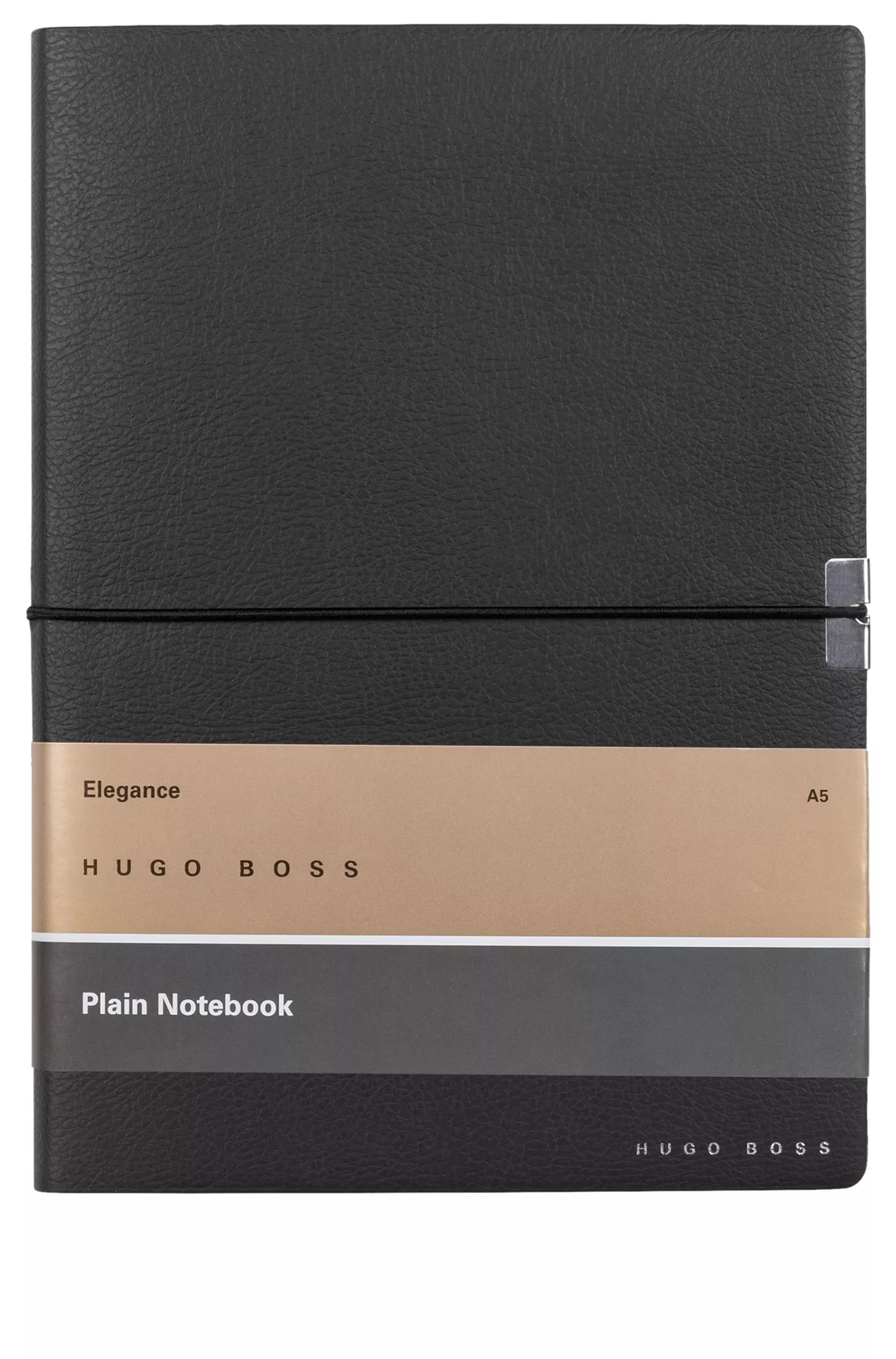 Caderno BOSS Black-A5 em couro sintético preto com elástico.
