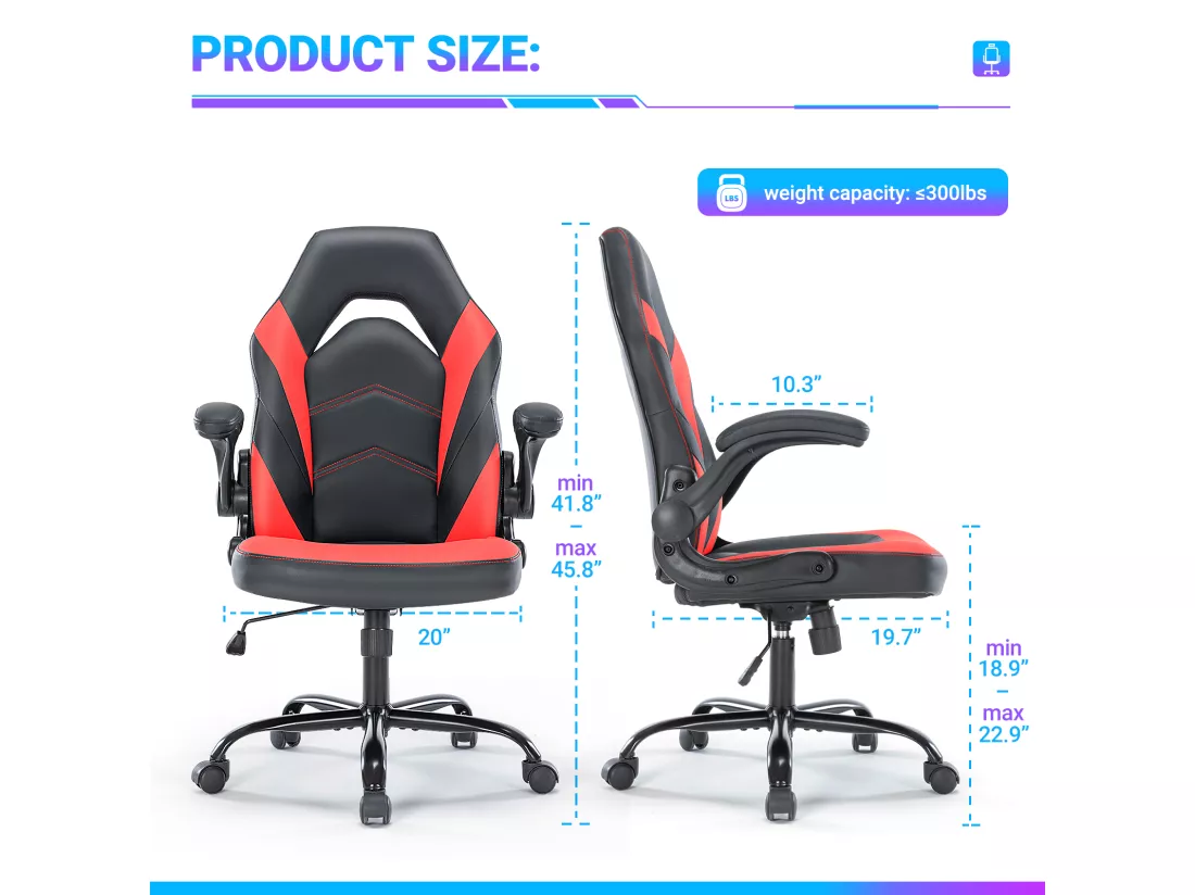 Chaise d'ordinateur,Chaise de bureau pivotante avec support lombaire,Ergonomique,Cuir de PU,Rouge,Noir