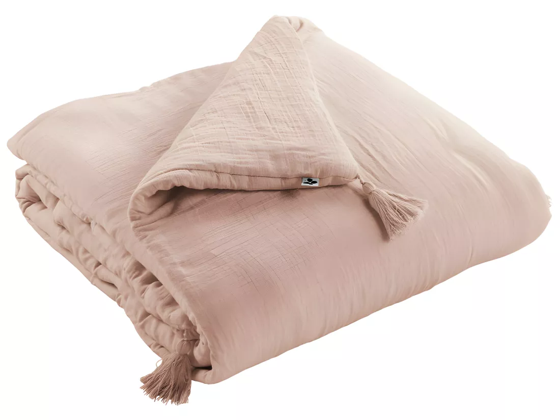 Édredon 90 x 200 cm en gaze de coton rose avec 4 pompons - PEPA