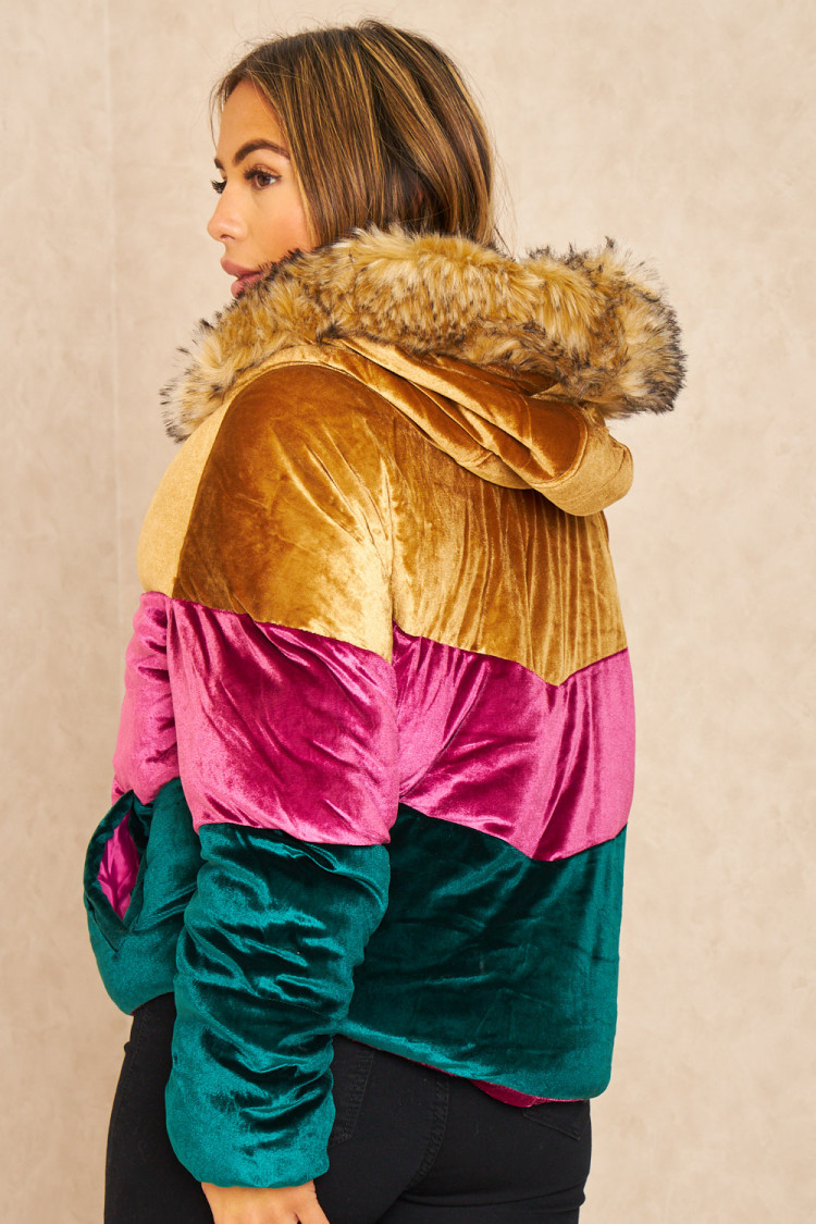 Doudoune tricolore en velours or