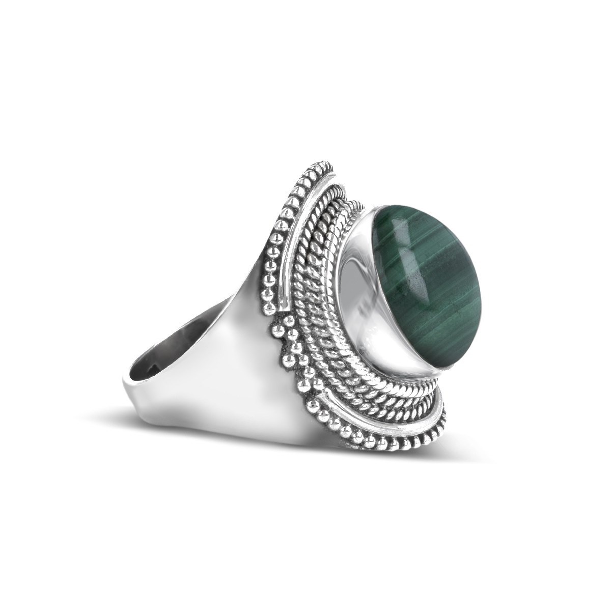 Bague en Argent Massif 925 avec Pierre Malachite Ovale - Bijou Fait Main | Aden