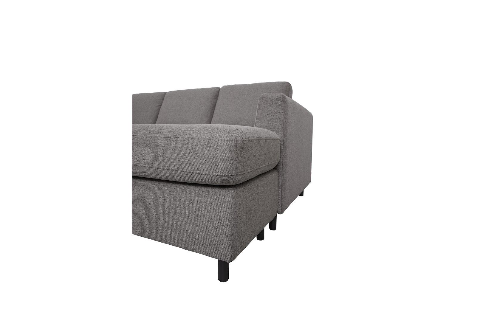 Oslo U-sofa Åpen ende venstre og sjeselong høyre. Tekstil Neve 90 Dark Grey med sorte ben