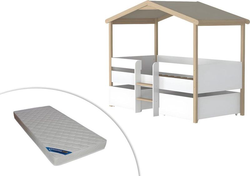 Hutbed SAROSI - Wit en Eiken - 90 x 190 cm - Met Laden en Matras