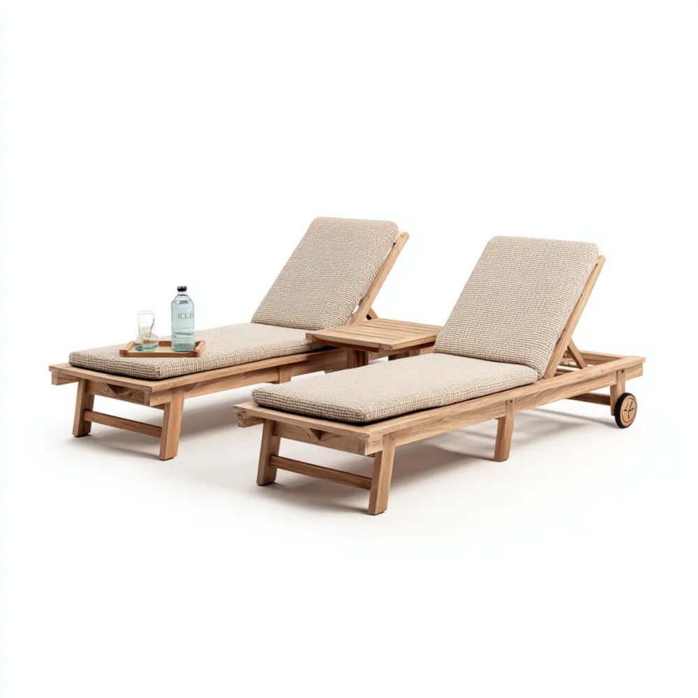 Gartenliegen Set 200x65x35 cm mit Teakholzgestell und Beigem Kissen –